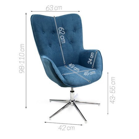 Fotel uszak tapicerowany obrotowy na chromowanej nodze skandynawski niebieski FO900BL