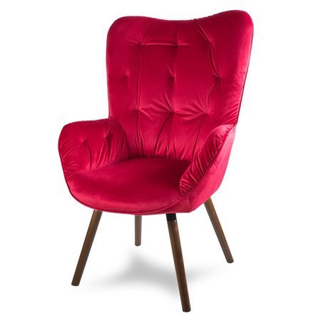Fotel uszak welur na ciemnych drewnianych nogach wenge skandynawski do salonu czerwony F905R