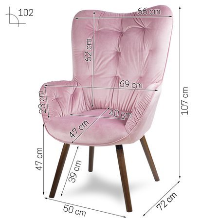 Fotel uszak welur na ciemnych drewnianych nogach wenge skandynawski do salonu różowy F905P