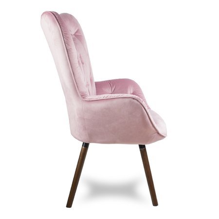 Fotel uszak welur na ciemnych drewnianych nogach wenge skandynawski do salonu różowy F905P