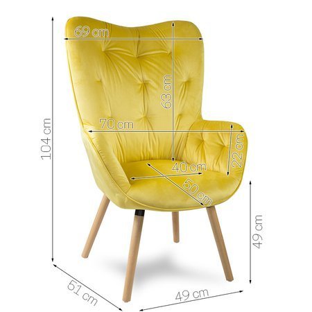 Fotel uszak welur na drewnianych bukowych nogach skandynawski do salonu żółty F906Y