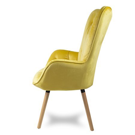 Fotel uszak welur na drewnianych bukowych nogach skandynawski do salonu żółty F906Y