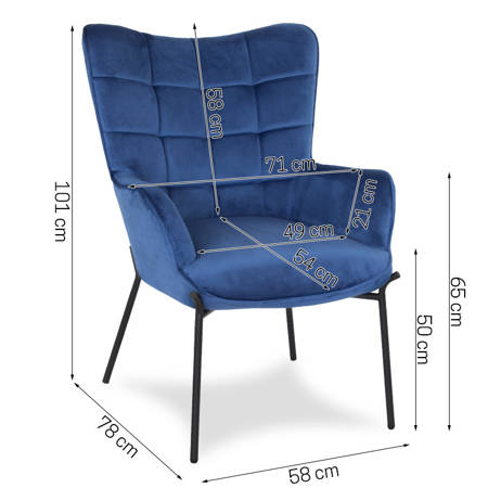 Fotel uszak welurowy skandynawski na czarnych metalowych nogach niebieski F105