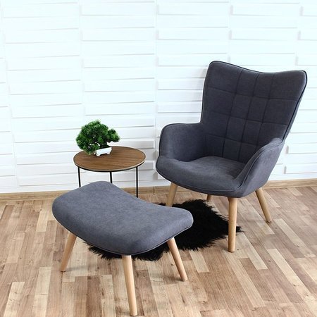 Fotel uszak z tapicerowany pikowany na drewnianych nogach z podnóżkiem szary F450TG