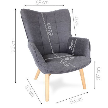 Fotel uszak z tapicerowany pikowany na drewnianych nogach z podnóżkiem szary F450TG