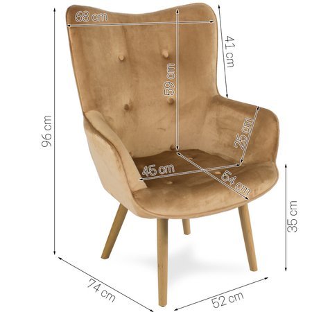 Fotel uszak z weluru na drewnianych bukowych nogach skandynawski do salonu brązowy F220BR