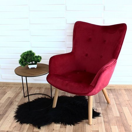 Fotel uszak z weluru na drewnianych bukowych nogach skandynawski do salonu ciemno różowy F220DP