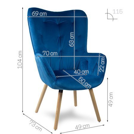 Fotel uszak z weluru na drewnianych bukowych nogach skandynawski do salonu niebieski F906BL