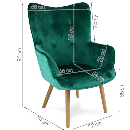 Fotel uszak z weluru na drewnianych bukowych nogach skandynawski do salonu zielony F220GR
