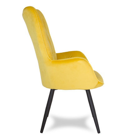 Fotel uszak z weluru na metalowych czarnych nogach skandynawski do salonu żółty F916Y