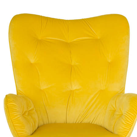 Fotel uszak z weluru na metalowych czarnych nogach skandynawski do salonu żółty F916Y