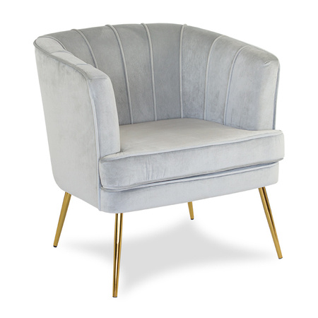 Fotel welurowy tapicerowany na metalowych złotych nogach szary F109