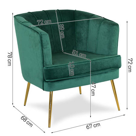 Fotel welurowy tapicerowany na metalowych złotych nogach zielony F109