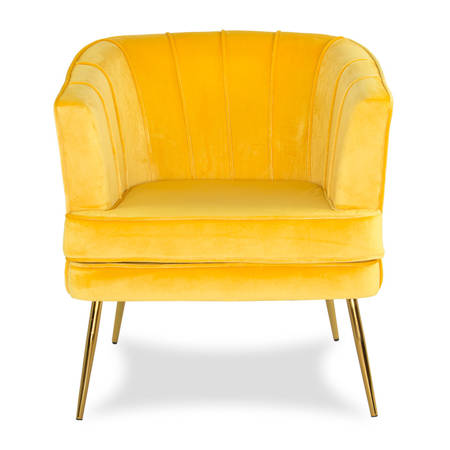 Fotel welurowy tapicerowany na metalowych złotych nogach żółty F109
