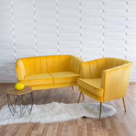 Fotel welurowy tapicerowany na metalowych złotych nogach żółty F109