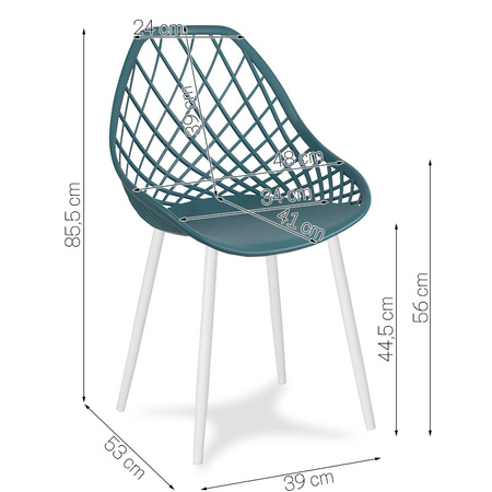 Krzesło ażurowe skandynawskie nowoczesne na metalowych białych nogach stylowe ciemno turkusowe YE-06