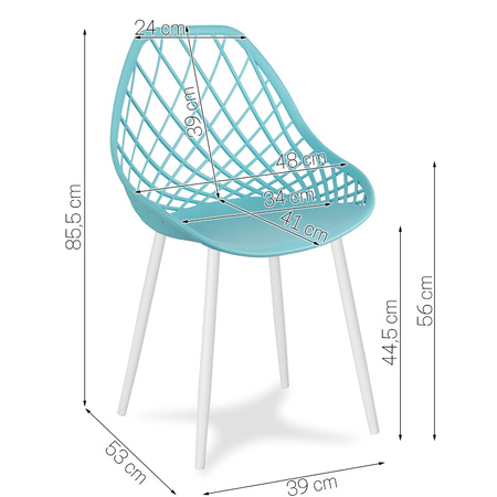 Krzesło ażurowe skandynawskie nowoczesne na metalowych białych nogach stylowe turkusowe YE-25