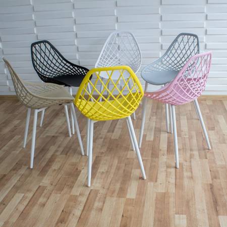Krzesło ażurowe skandynawskie nowoczesne na metalowych białych nogach stylowe żółte YE-10