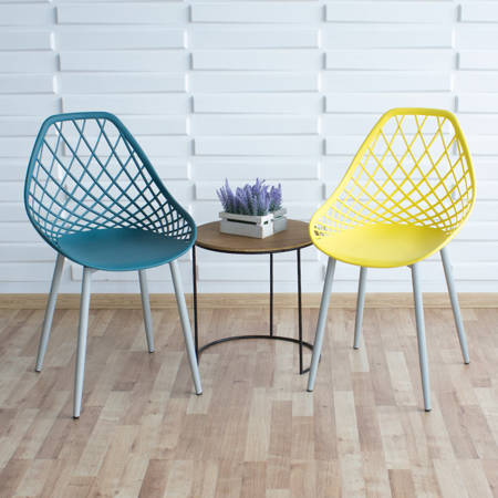 Krzesło ażurowe skandynawskie nowoczesne na metalowych szarych nogach stylowe żółte YE-10