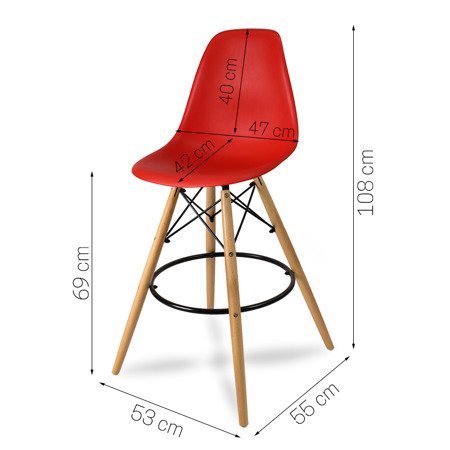 Krzesło barowe hoker z podnóżkiem na drewnianych bukowych nogach czerwone 212 AB