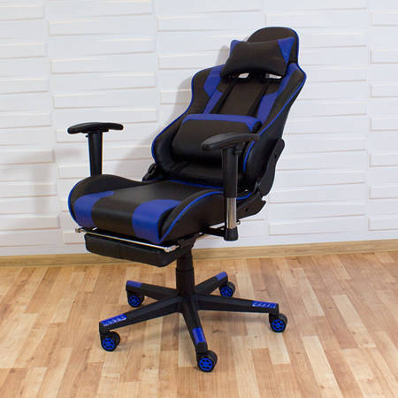 Krzesło biurowe z podnóżkiem, fotel gamingowy ekoskóra do biurka LP910 Czarno/Niebieskie