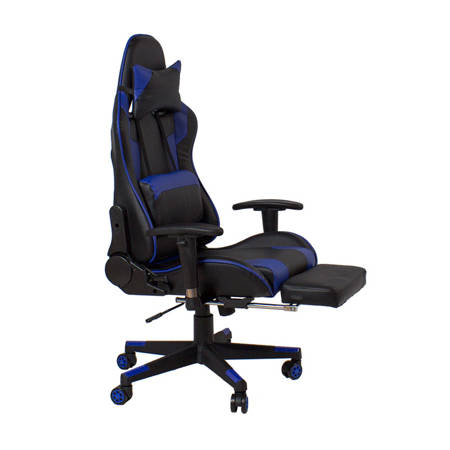 Krzesło biurowe z podnóżkiem, fotel gamingowy ekoskóra do biurka LP910 Czarno/Niebieskie