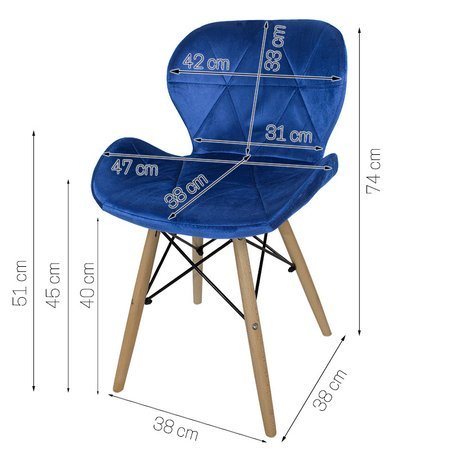 Krzesło na drewnianych bukowych nogach tapicerowane nowoczesne stylowe welurowe do salonu biura niebieski 024V-BL-BW