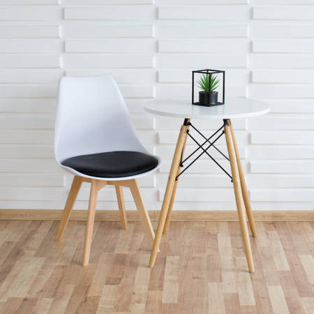 Krzesło na drewnianych bukowych nogach z czarną poduszką z ekoskóry nowoczesne białe 007 TS 