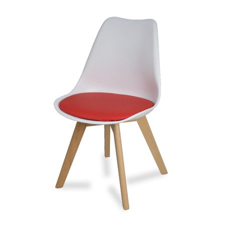 Krzesło na drewnianych bukowych nogach z czerwoną poduszką nowoczesne białe 007 TS 