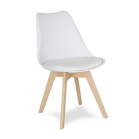 Krzesło na drewnianych bukowych nogach z skórzaną białą poduszką nowoczesne białe 007W-W-BW