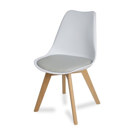 Krzesło na drewnianych bukowych nogach z  szarą poduszką nowoczesne białe Milano 007 TS 