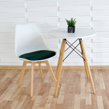 Krzesło na drewnianych bukowych nogach z welurową zieloną poduszką nowoczesne białe 007W-GRV