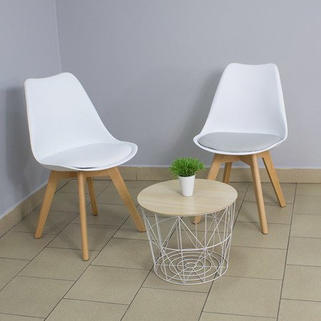 Krzesło na drewnianych bukowych nogach z żółta poduszką nowoczesne białe 007 TS