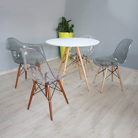 Krzesło nowoczesne stylowe na drewnianych bukowych nogach do salonu restauracji szary przezroczysty transparentny 211 TA