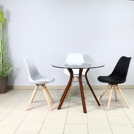 Krzesło nowoczesne z białą skórzaną poduszką na drewnianych bukowych nogach białe 008 TZ
