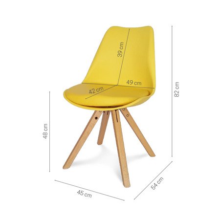 Krzesło nowoczesne z żółtą skórzaną poduszką na drewnianych bukowych nogach żółte 008 BS