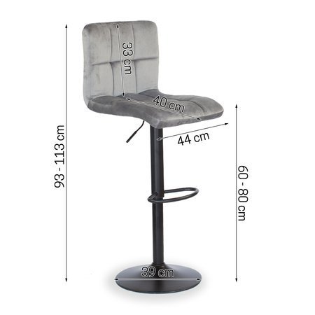 Krzesło obrotowe hoker z podnóżkiem, czarną nogą z regulacją wysokości welur szary 703V-G-B-PG
