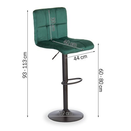 Krzesło obrotowe hoker z podnóżkiem, czarną nogą z regulacją wysokości welur zielony 703V-GR-B-PG