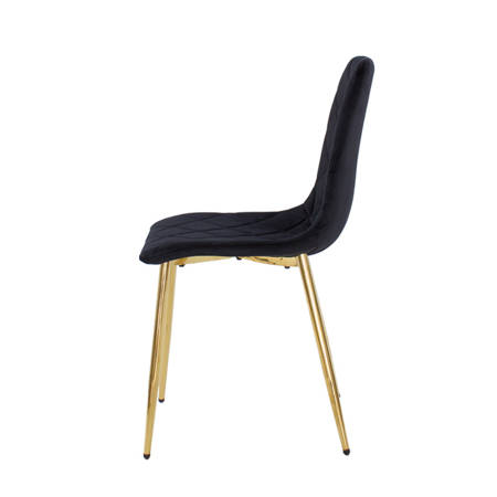 Krzesło welurowe czarne do salonu, na metalowych nogach złoty chrom, wzór karo 049A-V-B