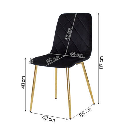 Krzesło welurowe czarne do salonu, na metalowych nogach złoty chrom, wzór karo 049A-V-B