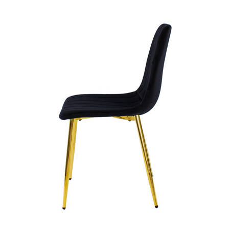 Krzesło welurowe czarne do salonu, na metalowych nogach złoty chrom, wzór pasy 049C-V-B