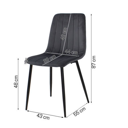 Krzesło welurowe do salonu na metalowych czarnych nogach, ciemno szare, wzór pasy 049C-V-DG
