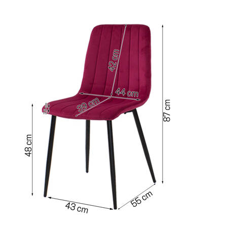 Krzesło welurowe do salonu na metalowych czarnych nogach, różowe, wzór pasy 049C-V-P
