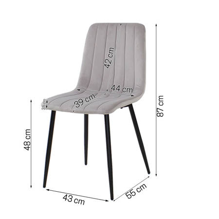 Krzesło welurowe do salonu na metalowych czarnych nogach, szare, wzór pasy 049C-V-G