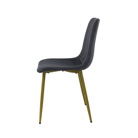 Krzesło welurowe do salonu na metalowych złotych nogach, ciemno szare, wzór pasy 049C-V-DG
