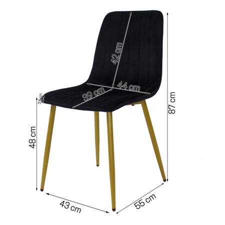 Krzesło welurowe do salonu na metalowych złotych nogach, czarne, wzór pasy 049C-V-B
