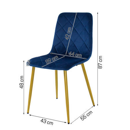 Krzesło welurowe do salonu na metalowych złotych nogach, niebieskie, wzór karo 049A-V-BL