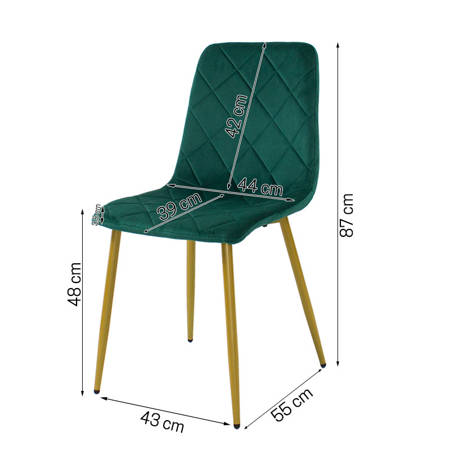 Krzesło welurowe do salonu na metalowych złotych nogach, zielone, wzór karo 049A-V-GR