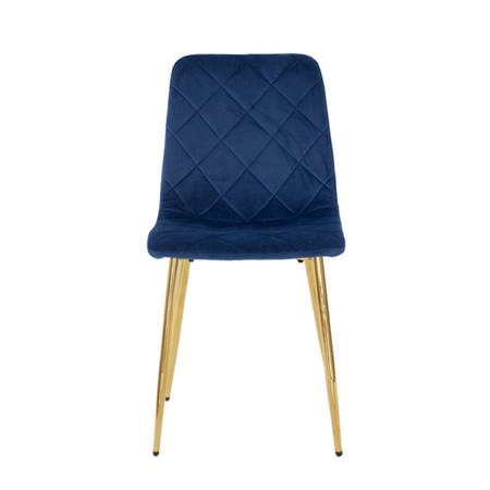 Krzesło welurowe niebieskie do salonu, na metalowych nogach złoty chrom, wzór karo 049A-V-BL