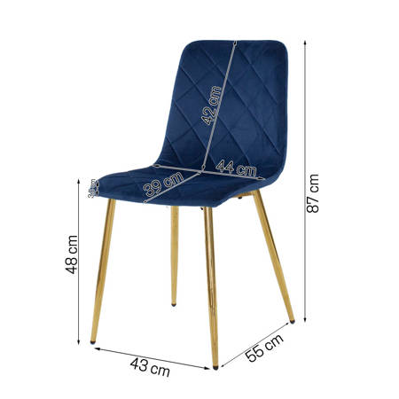 Krzesło welurowe niebieskie do salonu, na metalowych nogach złoty chrom, wzór karo 049A-V-BL